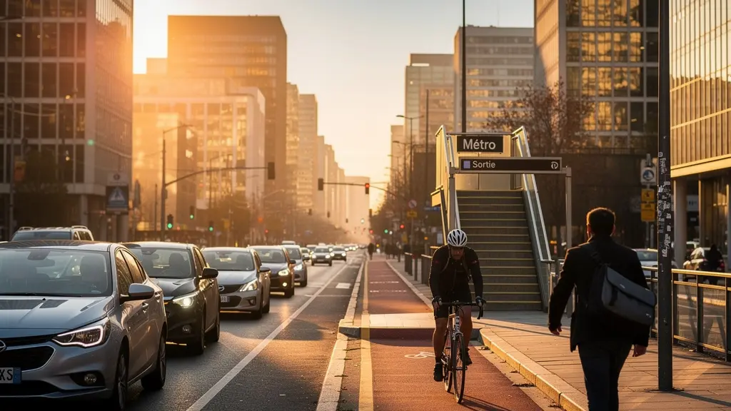 Morning cityscape showing various commuting routes and transportation modes
