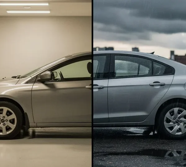 A split composition showing an 8-year-old sedan against contrasting backgrounds suggesting financial decisions