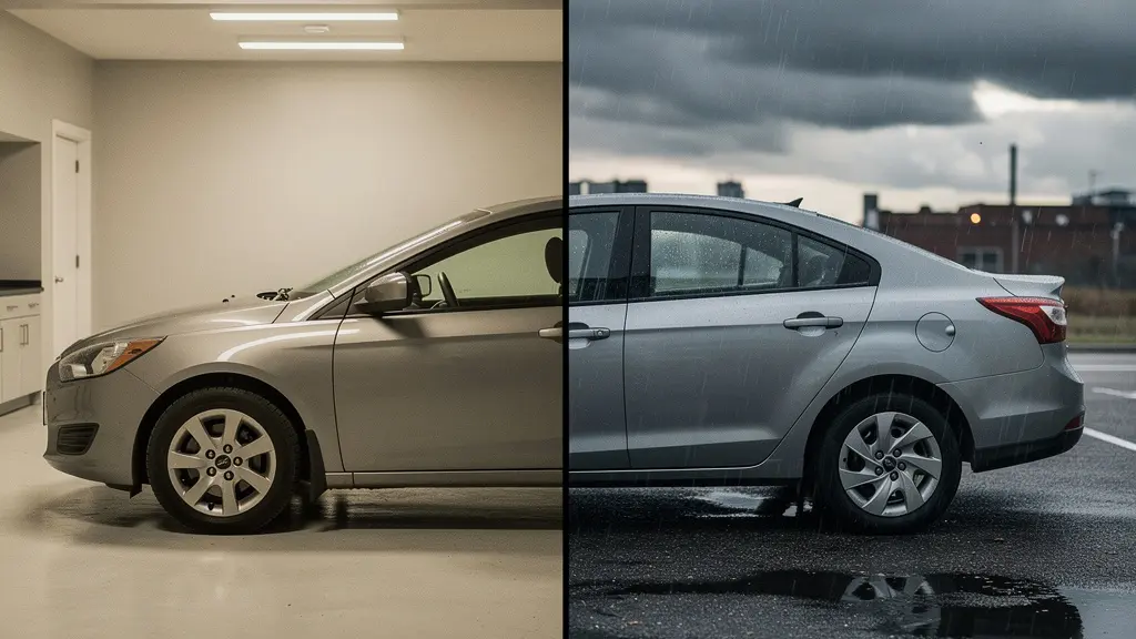 A split composition showing an 8-year-old sedan against contrasting backgrounds suggesting financial decisions