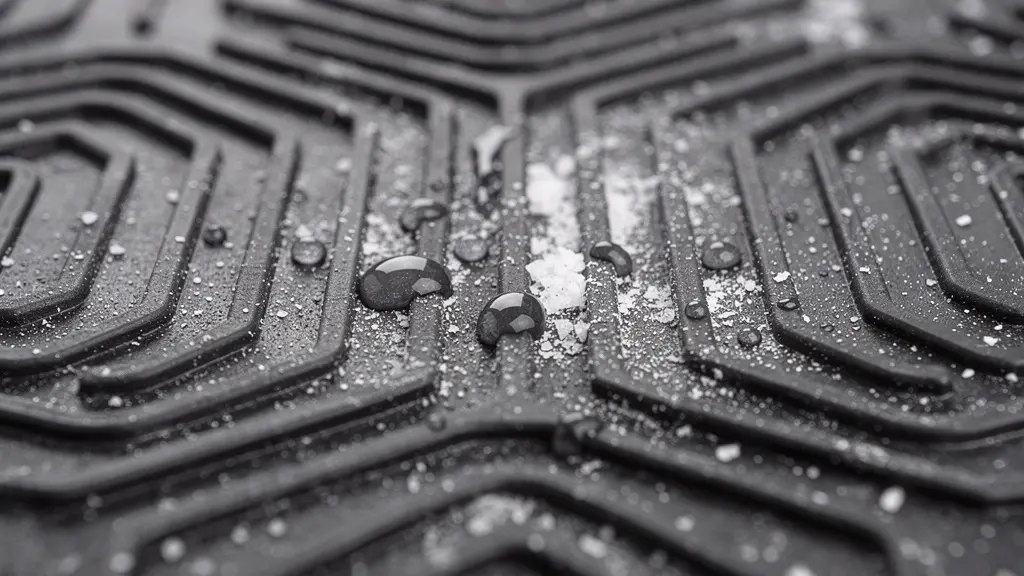 Macro view of water drainage channels in a custom rubber floor mat