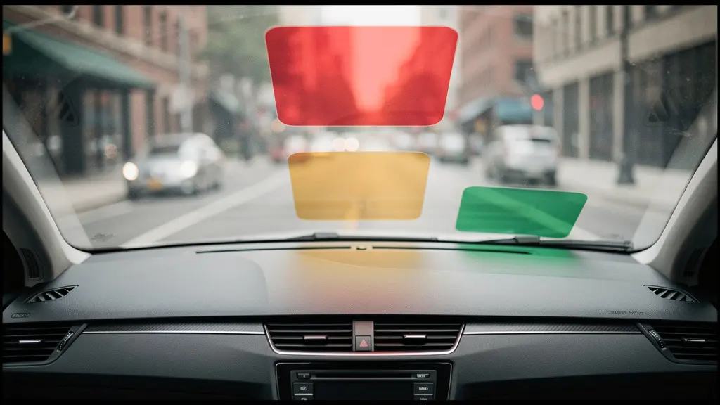 Wide view through a right-hand-drive windscreen showing abstract red, amber, and green translucent shapes indicating safe and unsafe mount zones.