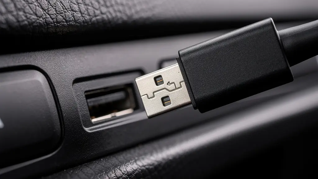 A close-up macro shot of a wireless CarPlay adapter being plugged into a car's USB port, emphasizing a clean and precise connection.
