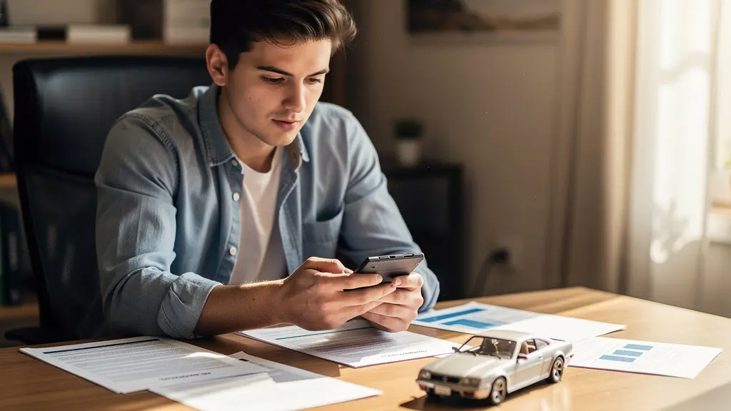 Young adult reviewing insurance documents with calculator and car model on desk