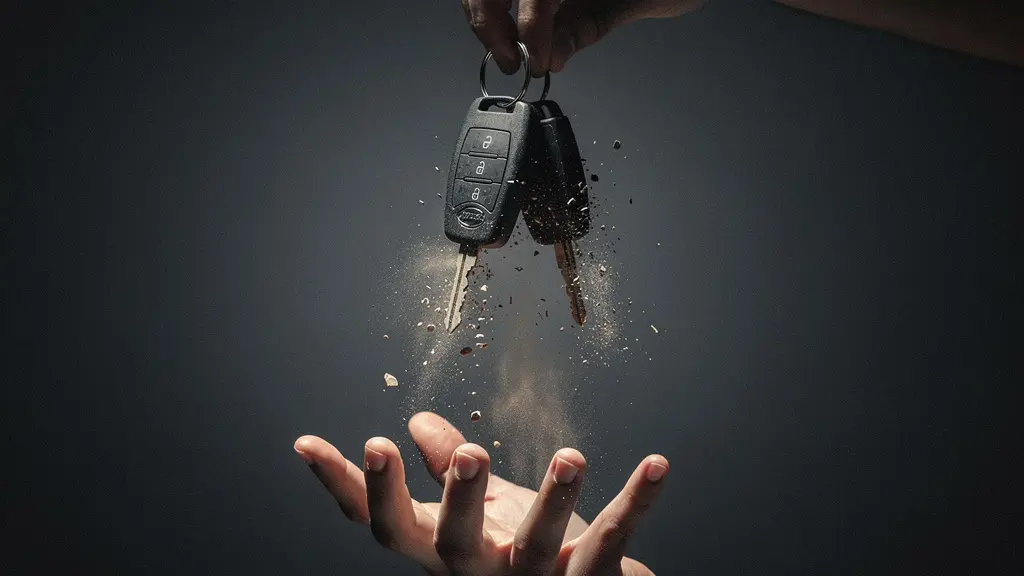 A symbolic image showing a young driver's hand as their car keys dissolve, representing the loss of their driving license.