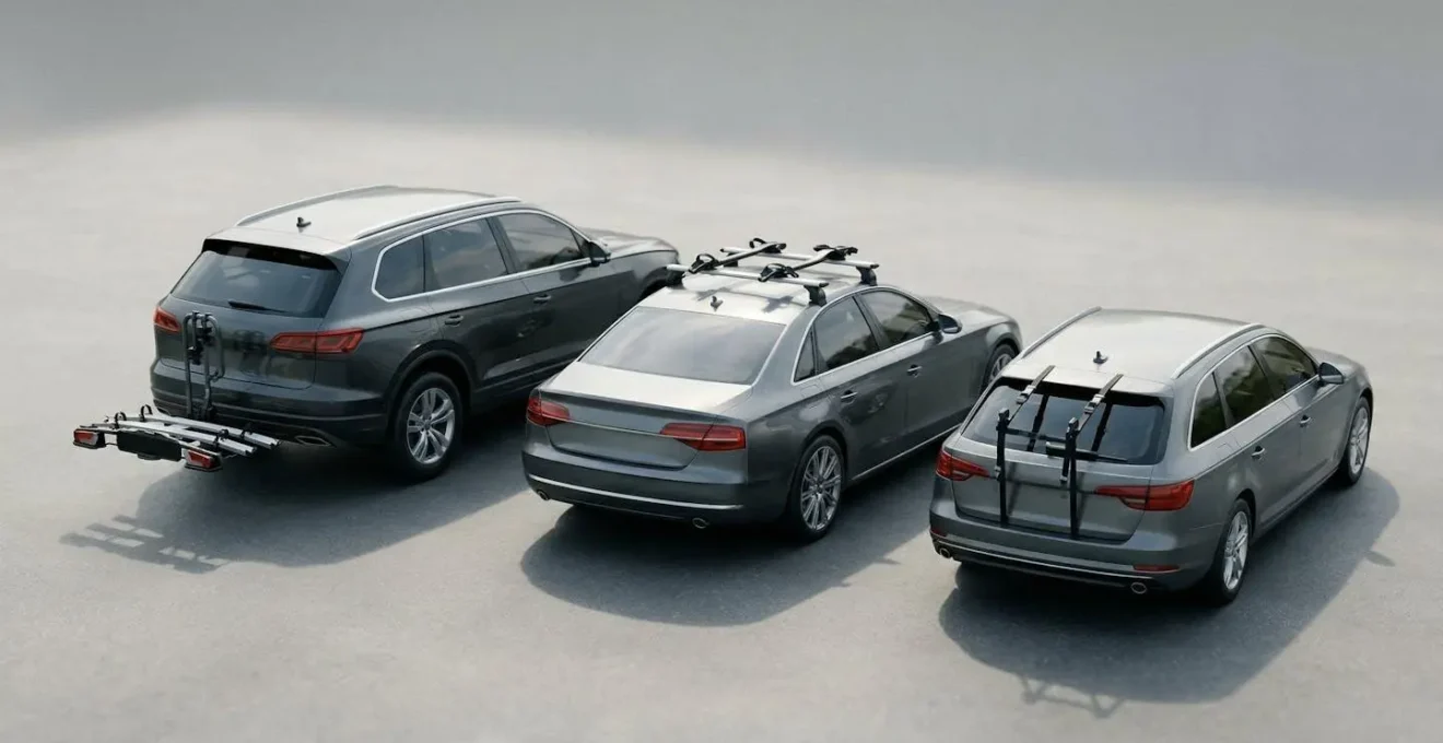 Different types of bike racks mounted on vehicles showing hitch, roof, and trunk options with focus on paint protection