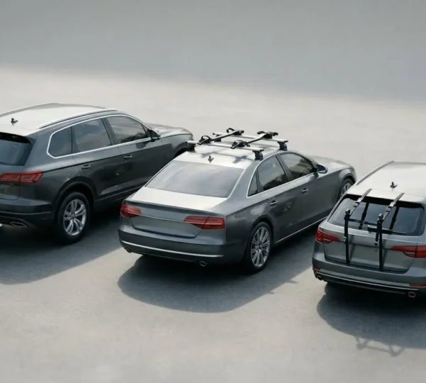 Different types of bike racks mounted on vehicles showing hitch, roof, and trunk options with focus on paint protection