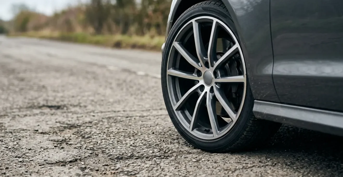Close-up view of a low-profile tire showing minimal sidewall height on a large alloy wheel installed on a modern vehicle
