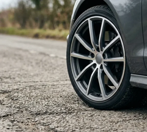 Close-up view of a low-profile tire showing minimal sidewall height on a large alloy wheel installed on a modern vehicle