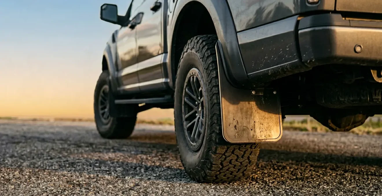 Close-up view of modern vehicle mud flap protecting wheel well from road debris