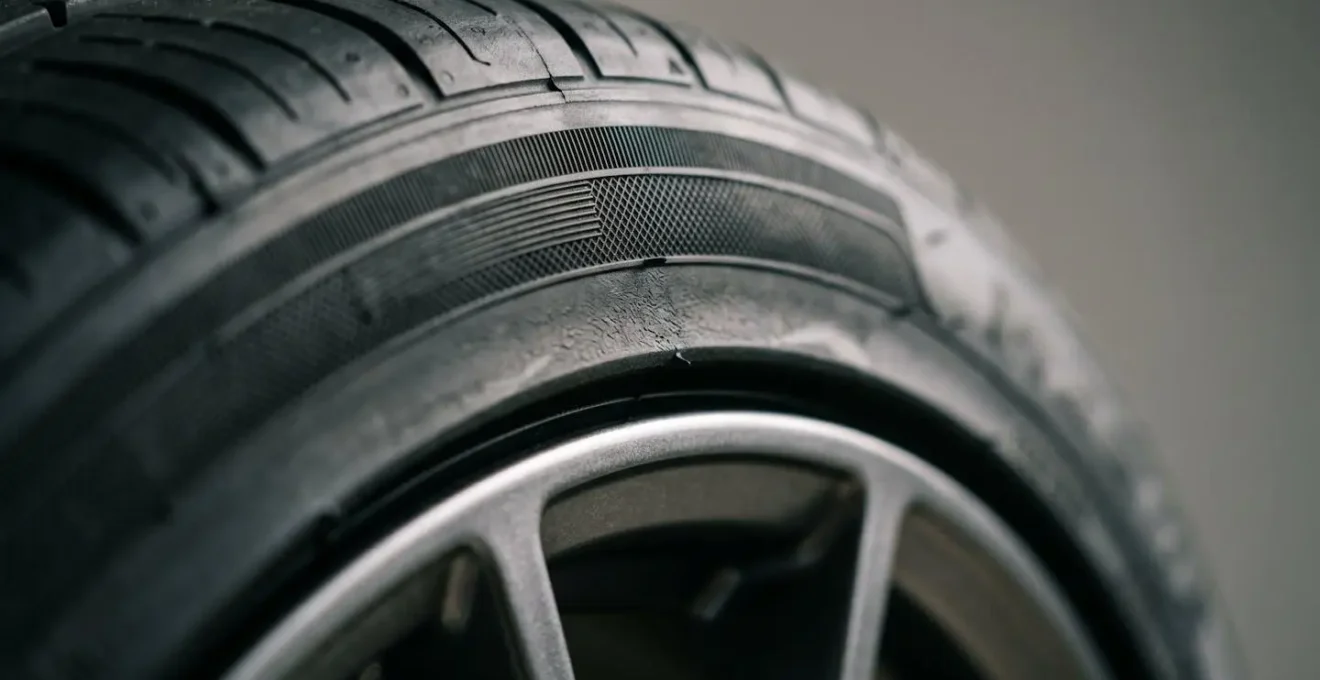 Macro detail of a tire sidewall under compression showing the thin rubber layer between rim and road surface