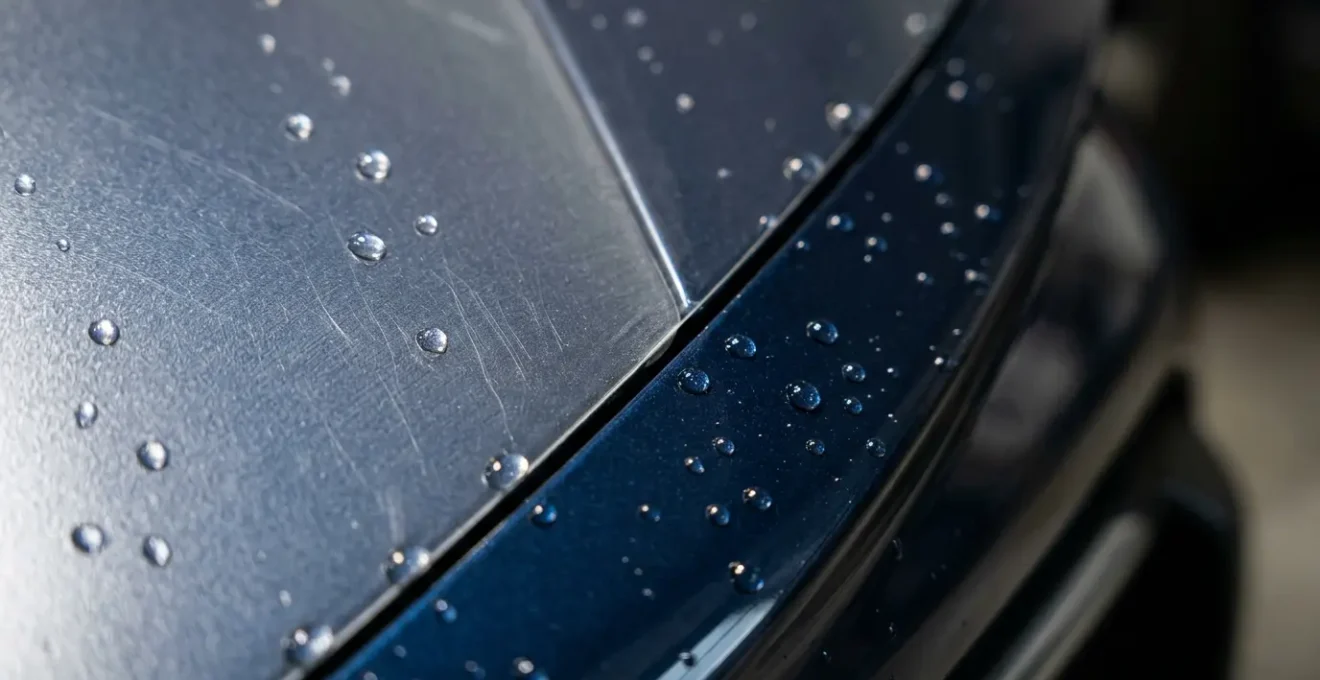 Close-up detail of transparent paint protection film installed on vehicle front bumper showing pristine clear coat beneath