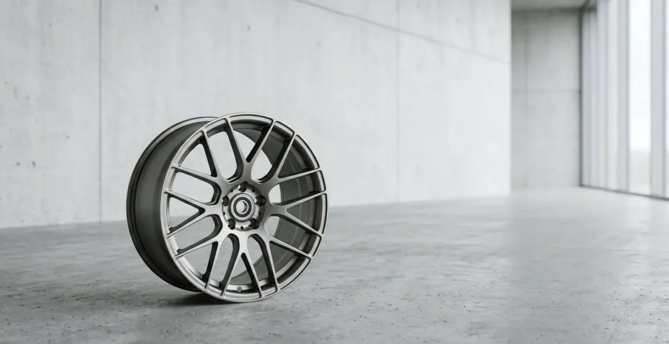 Environmental minimalist composition showing a vehicle wheel in motion with emphasis on the distance from hub to rim edge