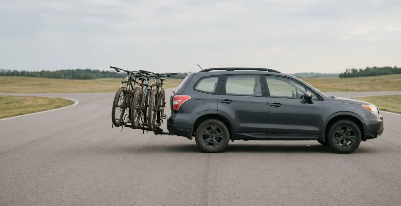 Wide environmental shot showing vehicle with loaded bike rack from side angle emphasizing extended rear overhang