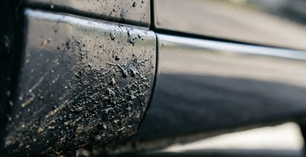 Detailed macro view of tar and road debris buildup on vehicle rocker panel Detailed macro view of tar and road debris buildup on vehicle rocker panel